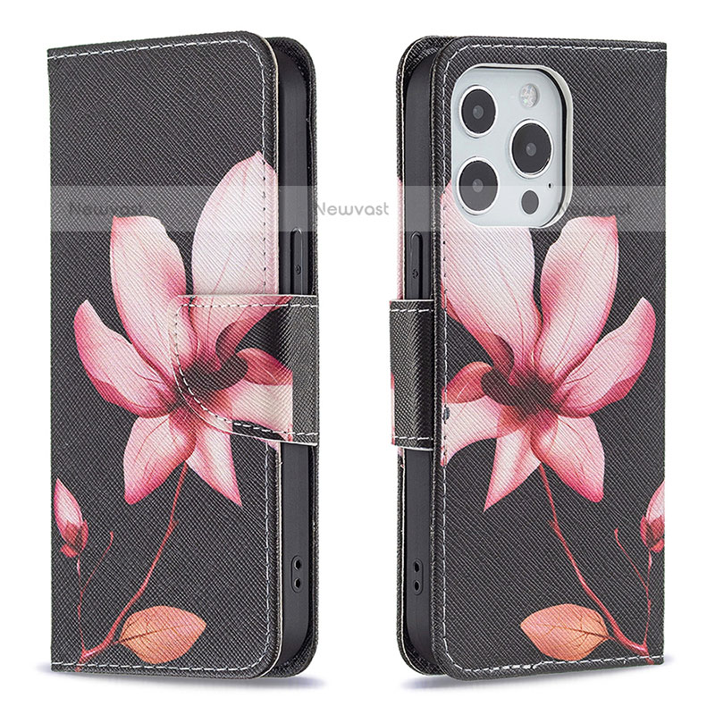 Leather Case Stands Flip Flowers Cover L07 Holder for Apple iPhone 15 Pro Max Brown