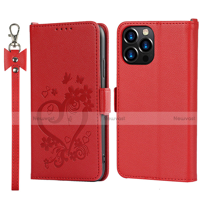 Leather Case Stands Flip Flowers Cover L16 Holder for Apple iPhone 13 Pro Red