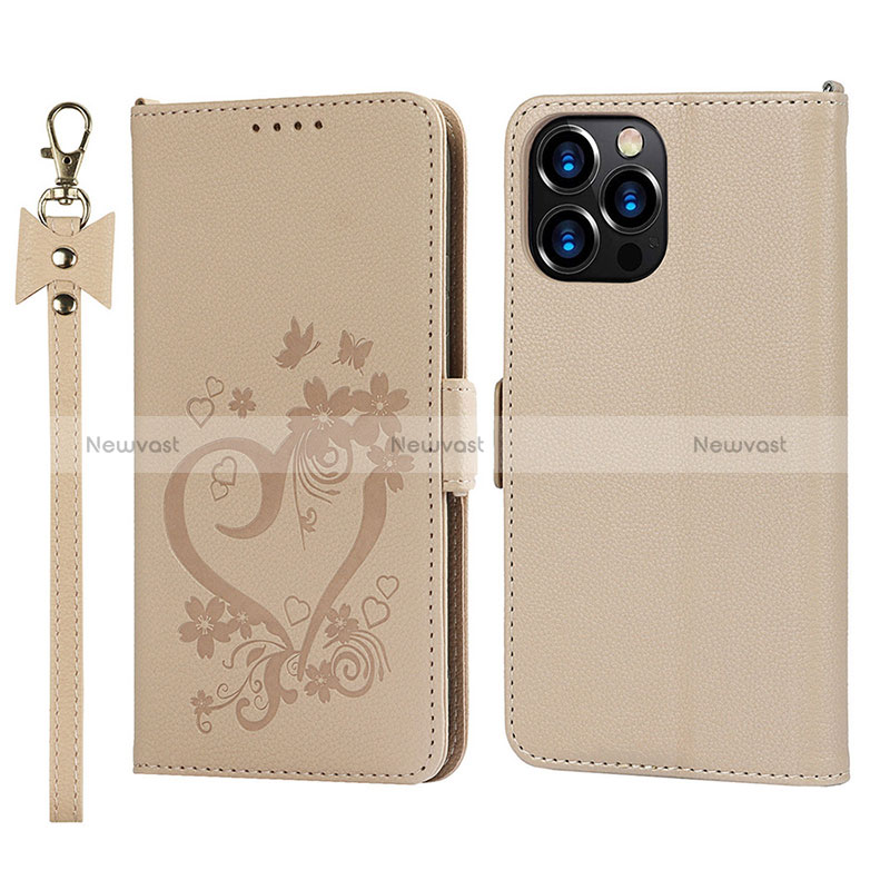 Leather Case Stands Flip Flowers Cover L16 Holder for Apple iPhone 14 Pro Max Gold