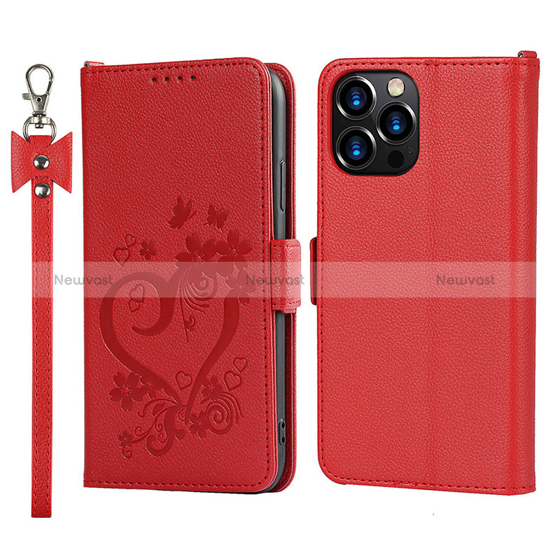 Leather Case Stands Flip Flowers Cover L16 Holder for Apple iPhone 14 Pro Max Red