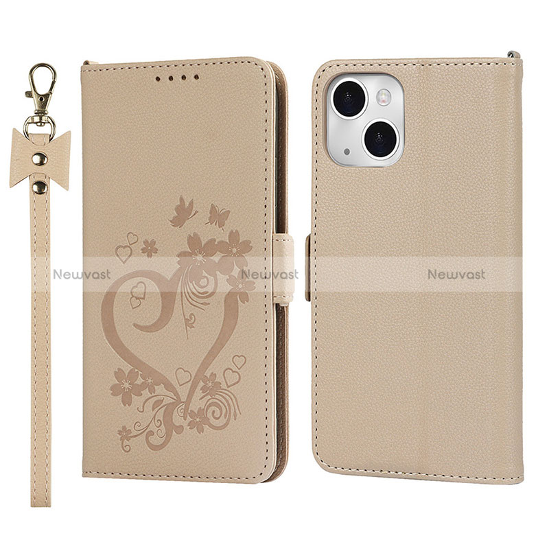 Leather Case Stands Flip Flowers Cover L16 Holder for Apple iPhone 15 Gold