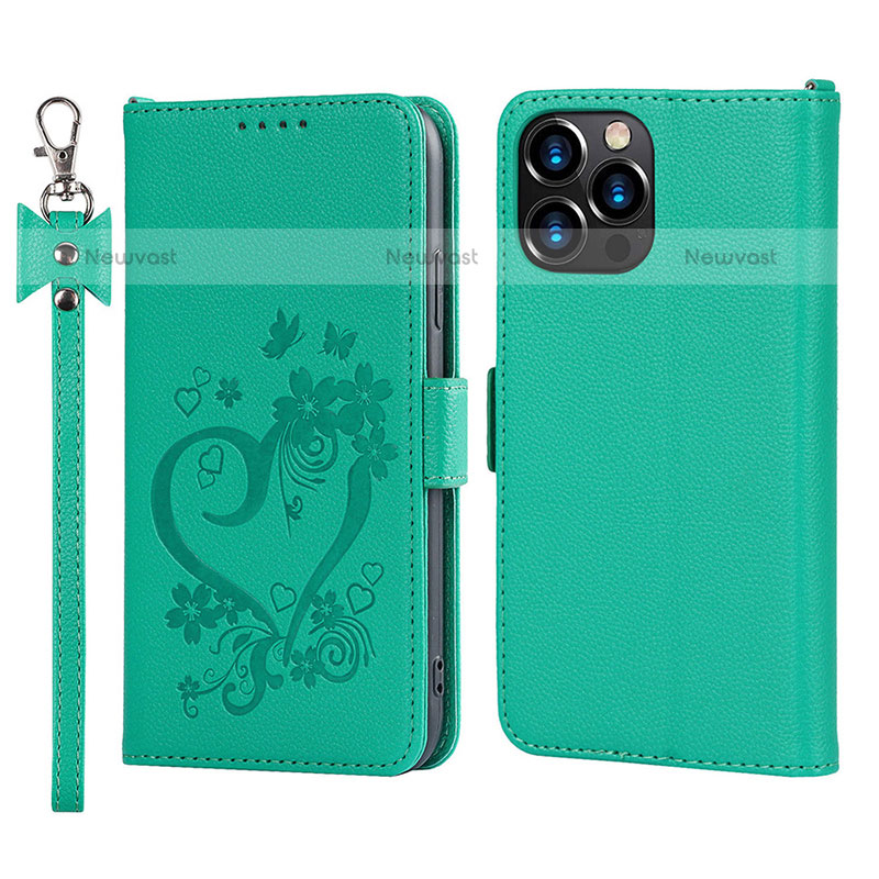 Leather Case Stands Flip Flowers Cover L16 Holder for Apple iPhone 15 Pro Green