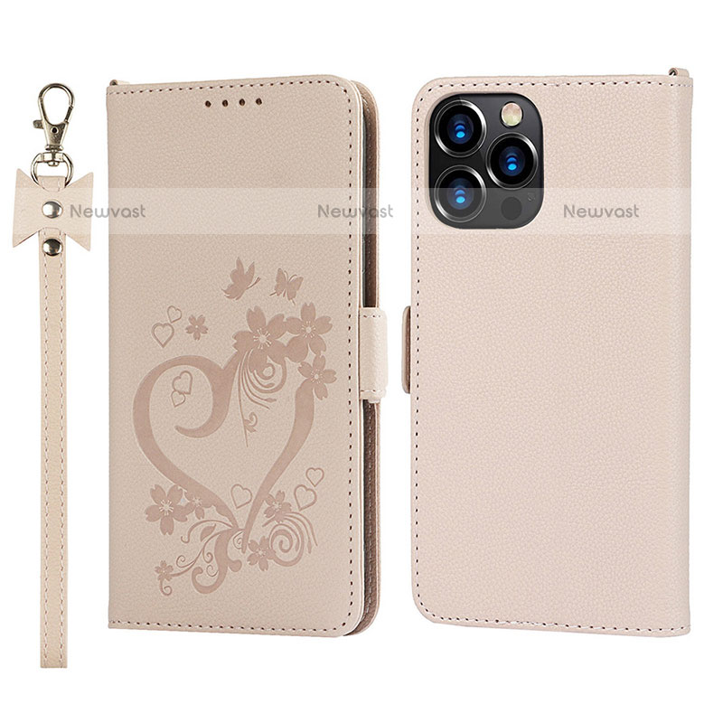 Leather Case Stands Flip Flowers Cover L16 Holder for Apple iPhone 15 Pro Max Rose Gold