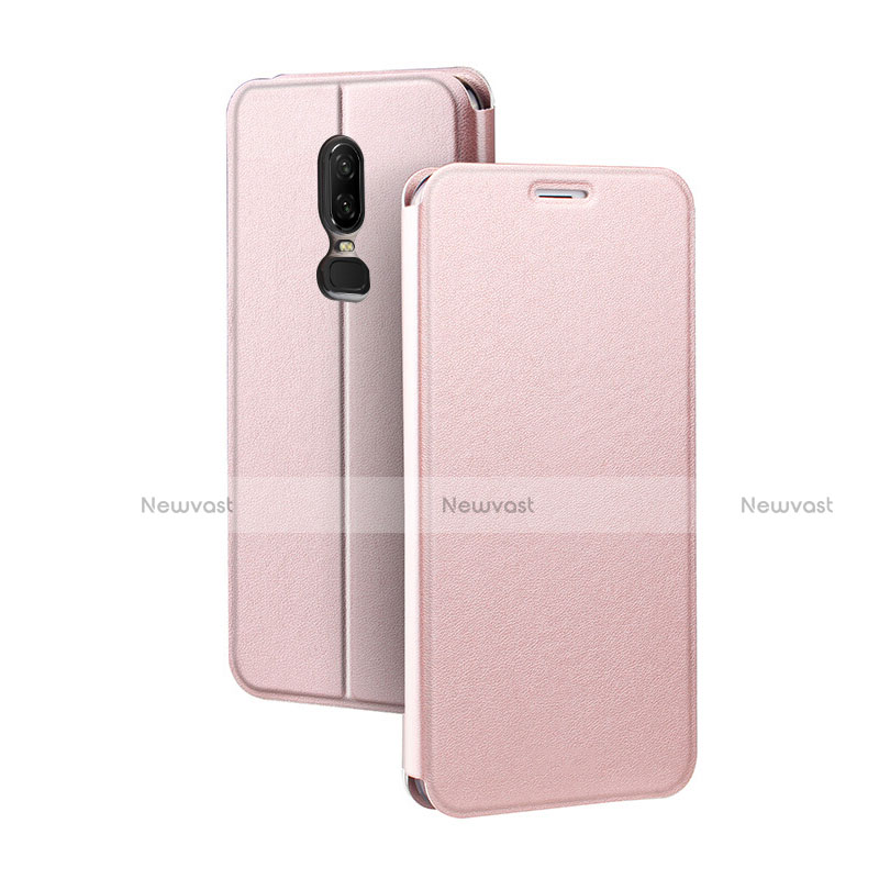 Leather Case Stands Flip Holder Cover for OnePlus 6 Pink