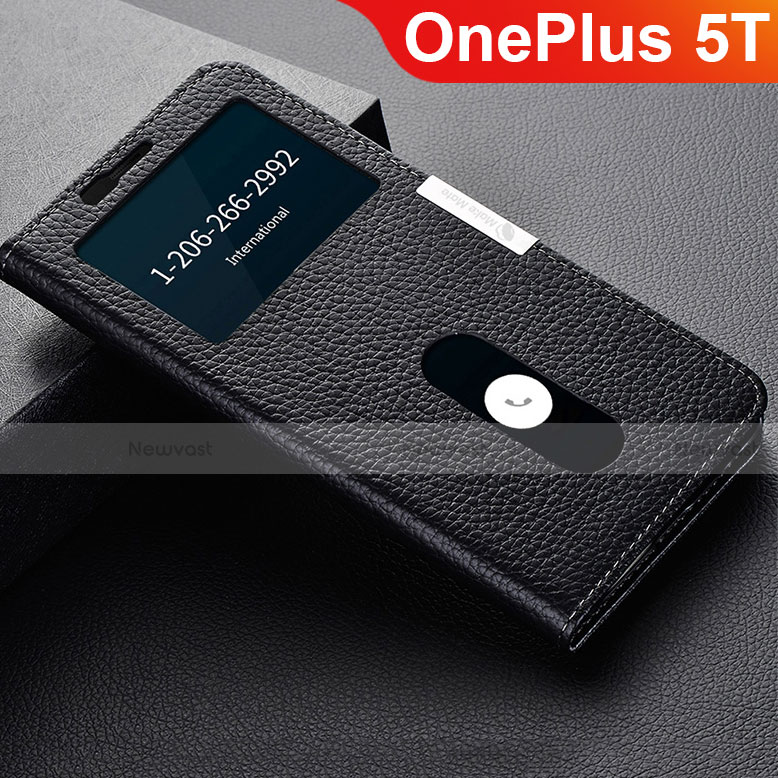 Leather Case Stands Flip Holder Cover L02 for OnePlus 5T A5010 Black