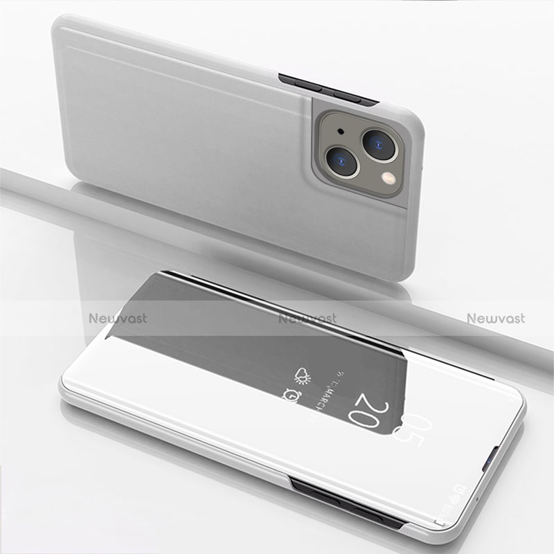 Leather Case Stands Flip Mirror Cover Holder for Apple iPhone 15 Plus Silver