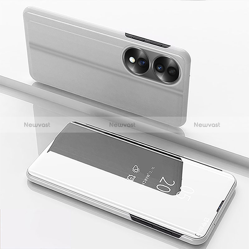 Leather Case Stands Flip Mirror Cover Holder for Huawei Honor 70 5G Silver