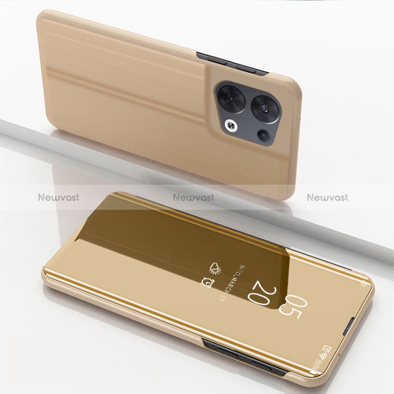 Leather Case Stands Flip Mirror Cover Holder for Oppo Reno9 Pro 5G Gold