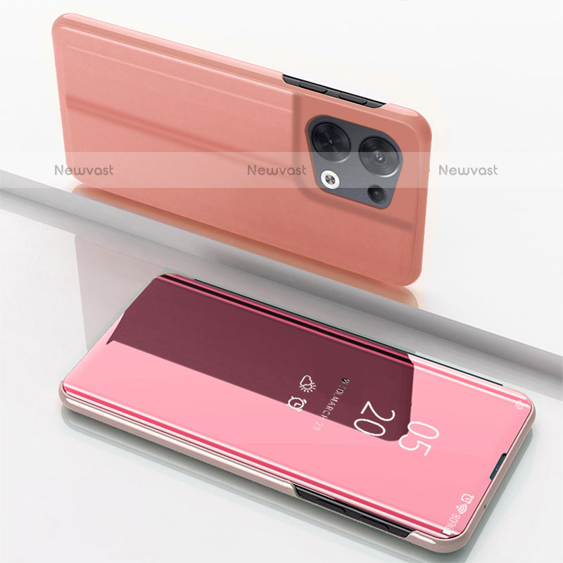 Leather Case Stands Flip Mirror Cover Holder for Oppo Reno9 Pro+ Plus 5G Rose Gold