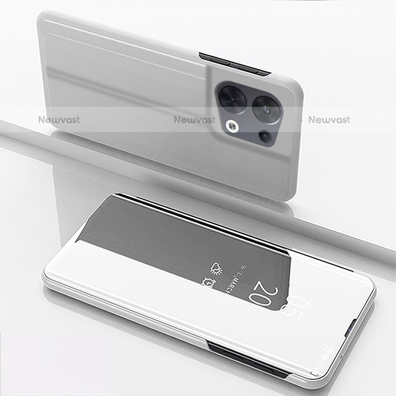 Leather Case Stands Flip Mirror Cover Holder for Oppo Reno9 Pro+ Plus 5G Silver