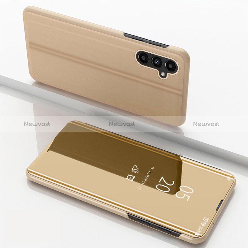 Leather Case Stands Flip Mirror Cover Holder for Samsung Galaxy A14 4G Gold