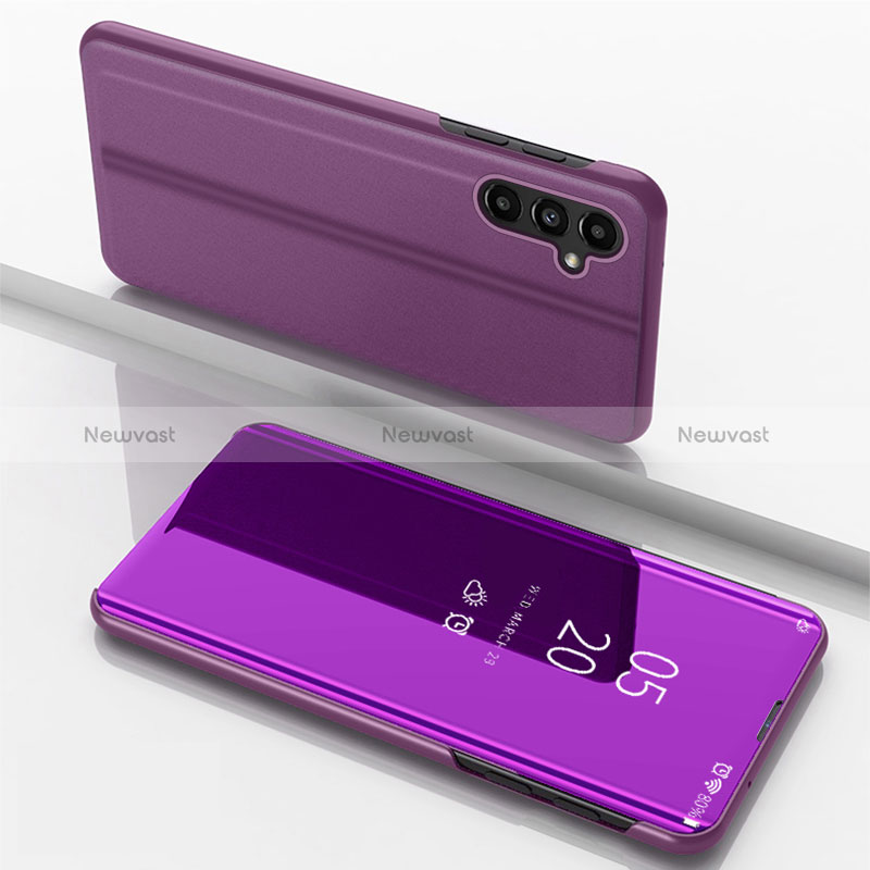 Leather Case Stands Flip Mirror Cover Holder for Samsung Galaxy A14 5G Purple