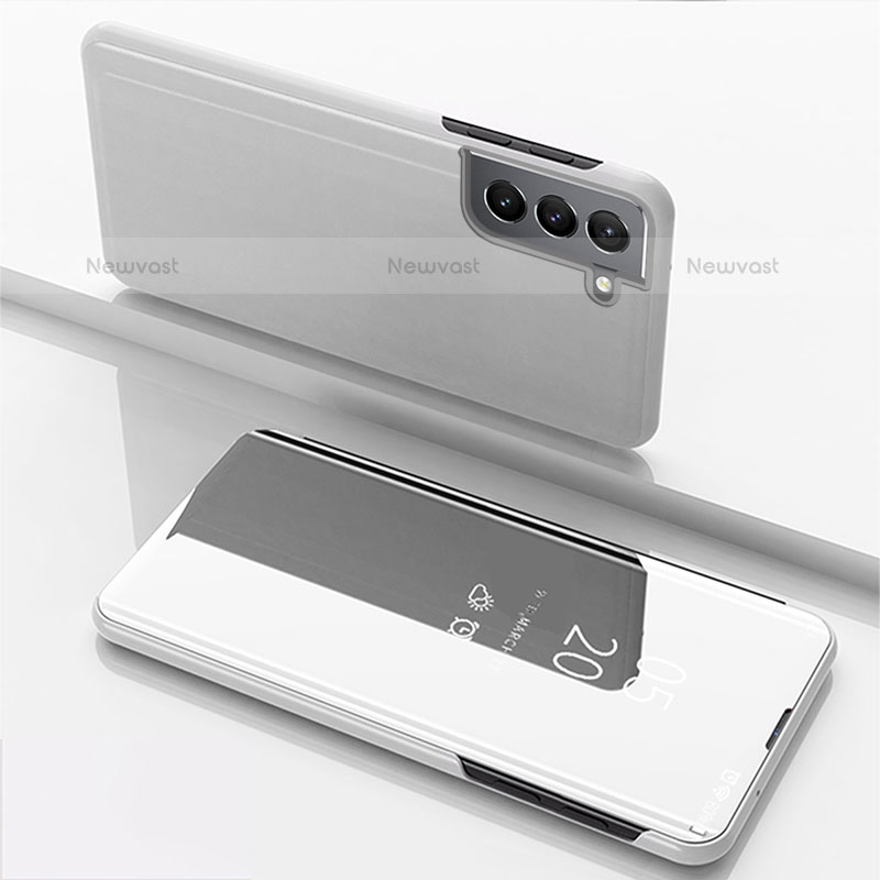 Leather Case Stands Flip Mirror Cover Holder for Samsung Galaxy S21 FE 5G Silver