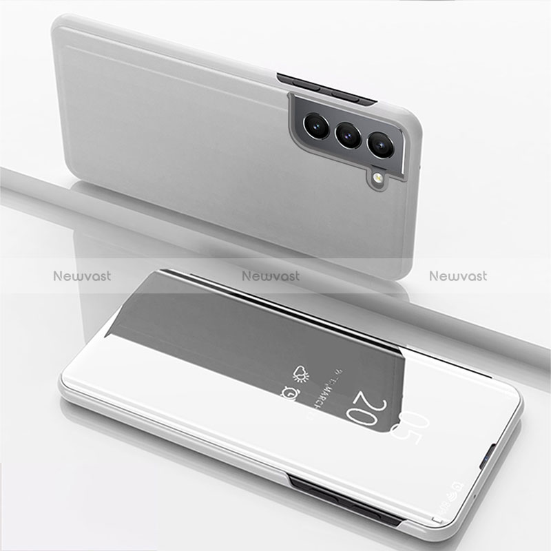 Leather Case Stands Flip Mirror Cover Holder for Samsung Galaxy S24 5G Silver