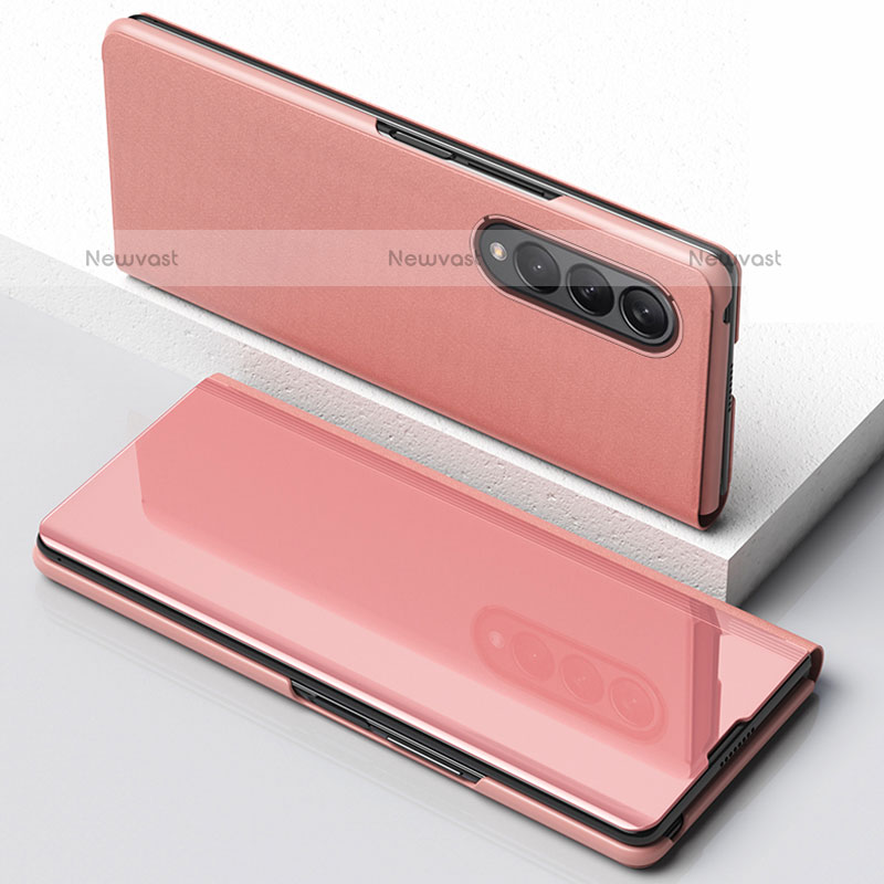 Leather Case Stands Flip Mirror Cover Holder for Samsung Galaxy Z Fold3 5G Rose Gold