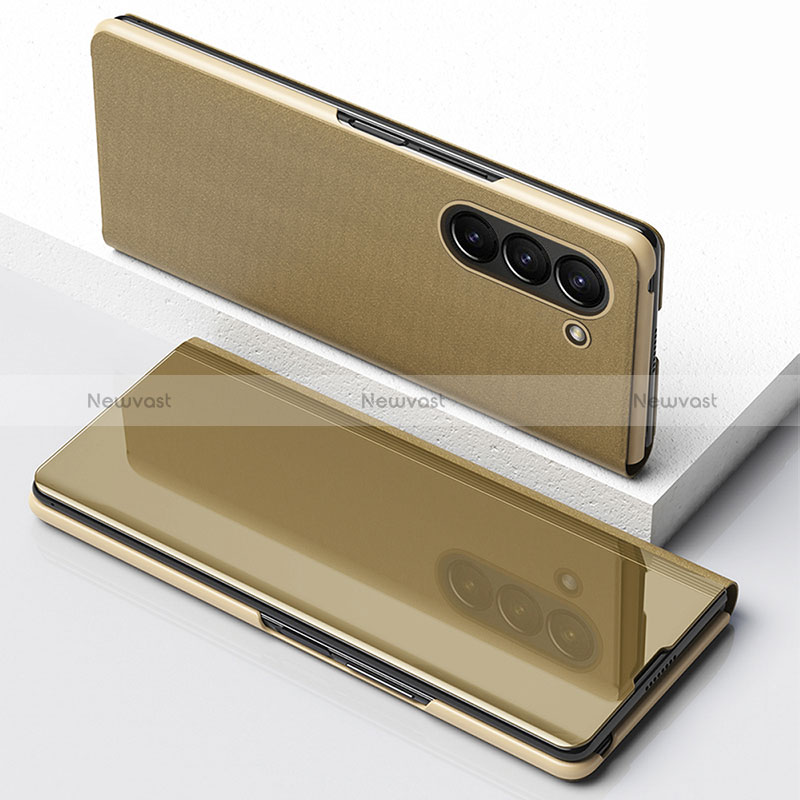 Leather Case Stands Flip Mirror Cover Holder for Samsung Galaxy Z Fold5 5G Gold