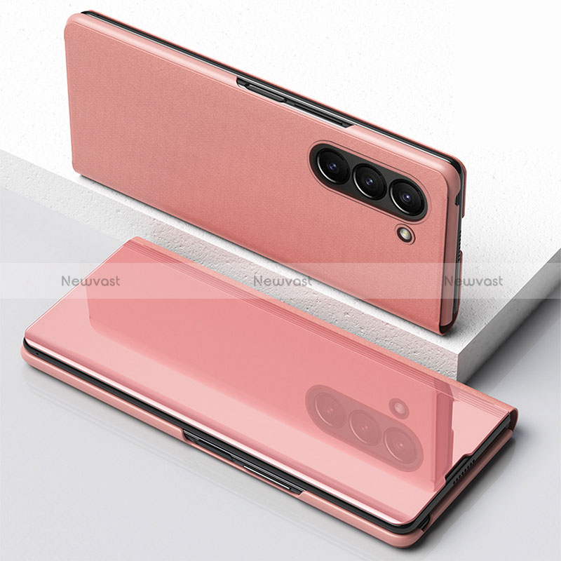 Leather Case Stands Flip Mirror Cover Holder for Samsung Galaxy Z Fold5 5G Rose Gold