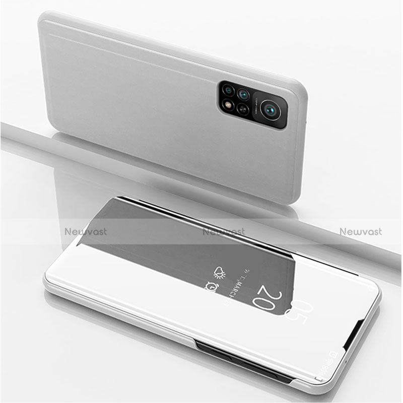 Leather Case Stands Flip Mirror Cover Holder for Xiaomi Mi 10T 5G Silver