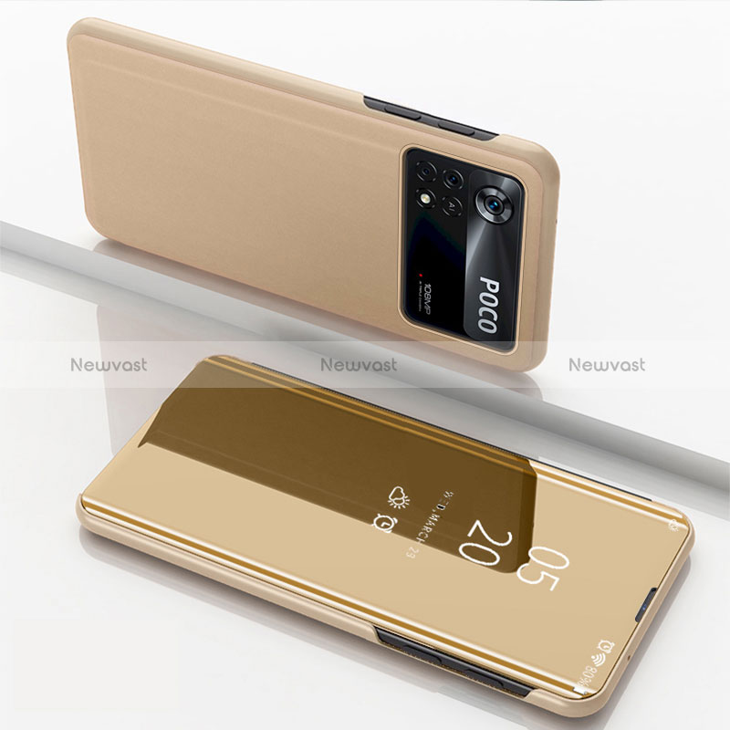 Leather Case Stands Flip Mirror Cover Holder for Xiaomi Poco M4 Pro 4G Gold