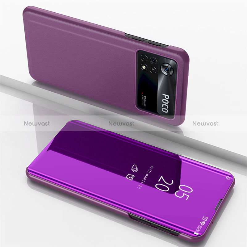 Leather Case Stands Flip Mirror Cover Holder for Xiaomi Poco M4 Pro 4G Purple