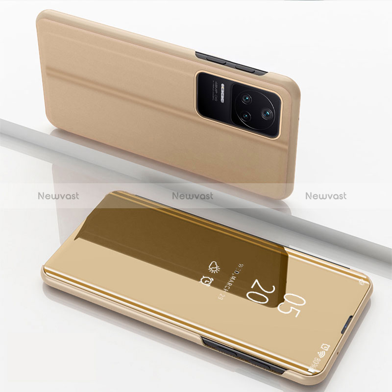 Leather Case Stands Flip Mirror Cover Holder for Xiaomi Redmi K40S 5G Gold