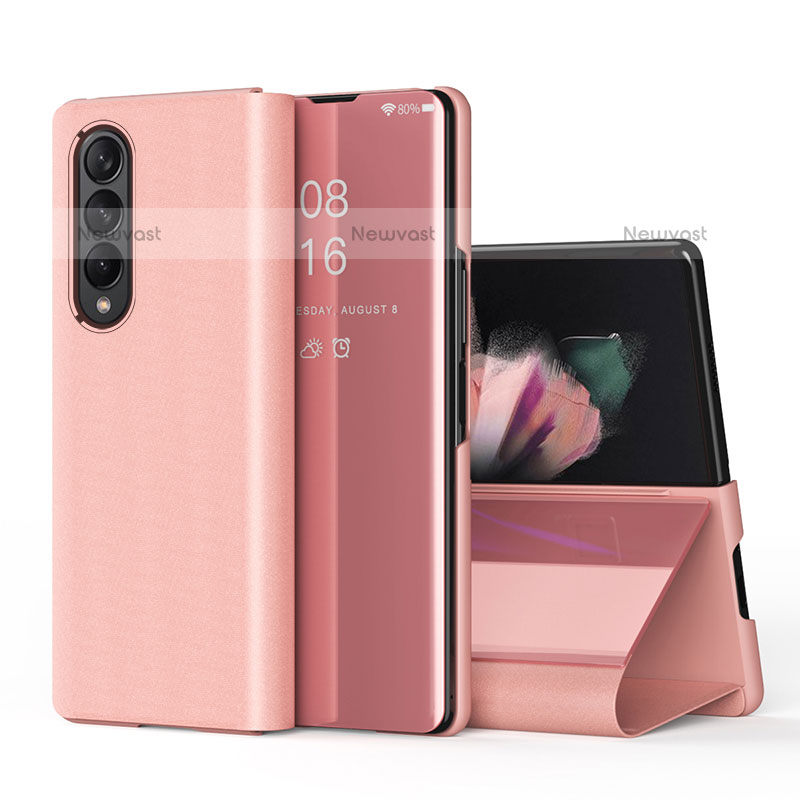 Leather Case Stands Flip Mirror Cover Holder L01 for Samsung Galaxy Z Fold3 5G Rose Gold