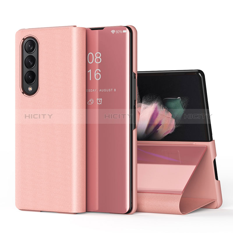 Leather Case Stands Flip Mirror Cover Holder L01 for Samsung Galaxy Z Fold4 5G Rose Gold