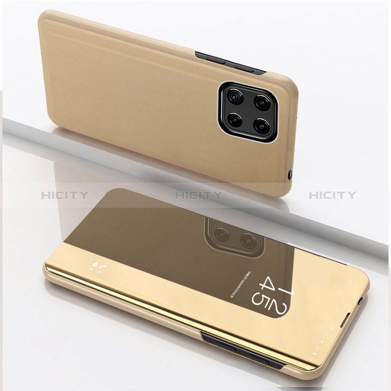 Leather Case Stands Flip Mirror Cover Holder L04 for Samsung Galaxy F42 5G Gold