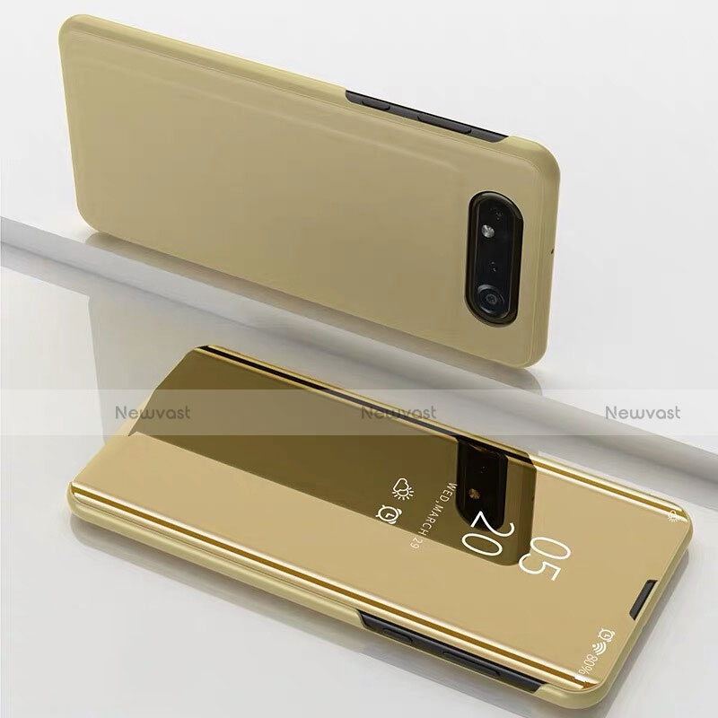 Leather Case Stands Flip Mirror Cover Holder M01 for Samsung Galaxy A80 Gold