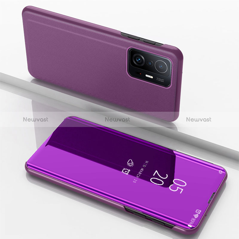 Leather Case Stands Flip Mirror Cover Holder QH1 for Xiaomi Mi 11T 5G Purple