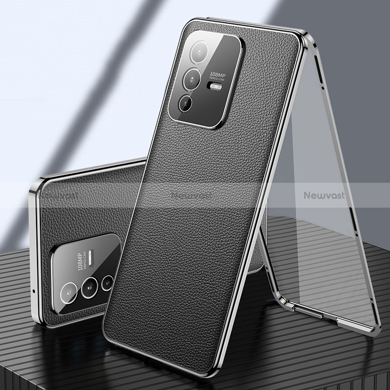Luxury Aluminum Metal and Leather Cover Case 360 Degrees for Vivo V23 Pro 5G Black