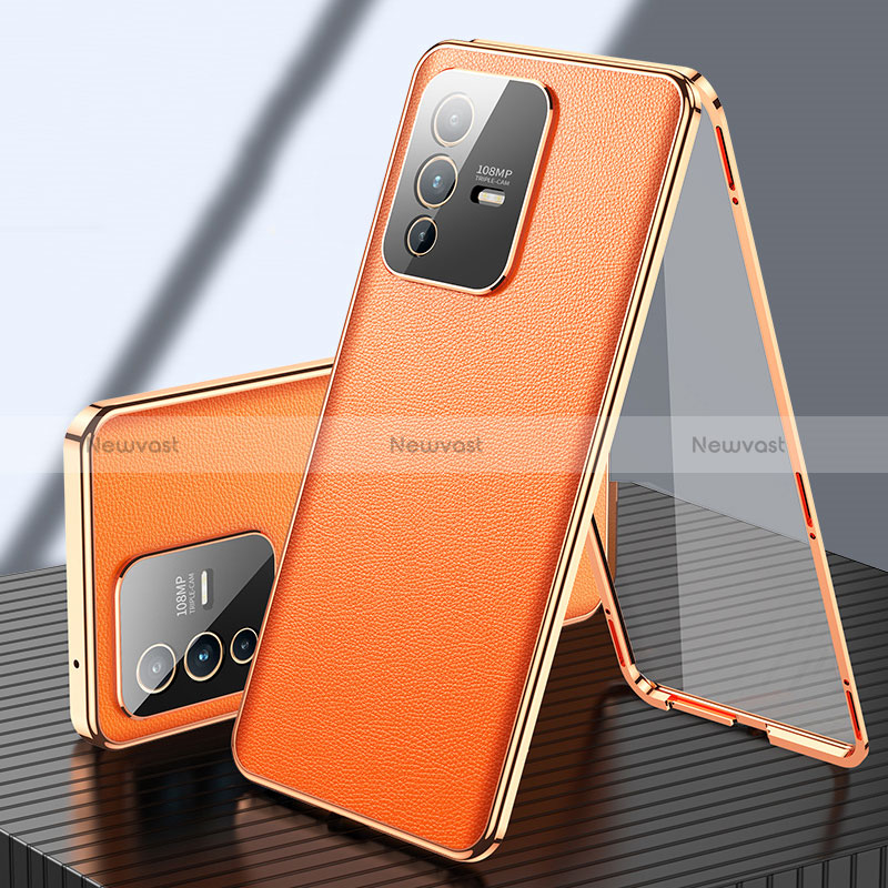 Luxury Aluminum Metal and Leather Cover Case 360 Degrees for Vivo V23 Pro 5G Orange