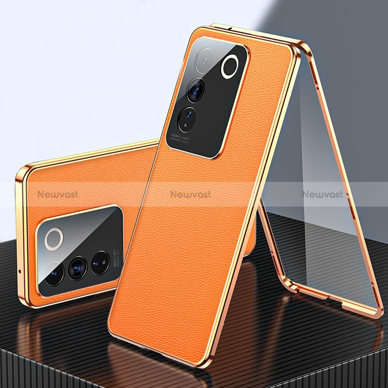 Luxury Aluminum Metal and Leather Cover Case 360 Degrees for Vivo V27e 5G Orange