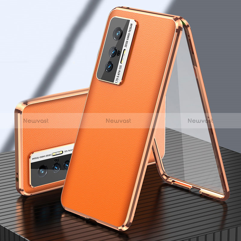 Luxury Aluminum Metal and Leather Cover Case 360 Degrees for Vivo X70t Orange