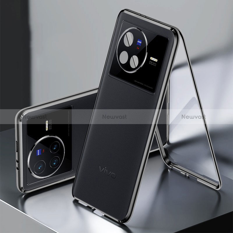 Luxury Aluminum Metal and Leather Cover Case 360 Degrees for Vivo X80 5G Black