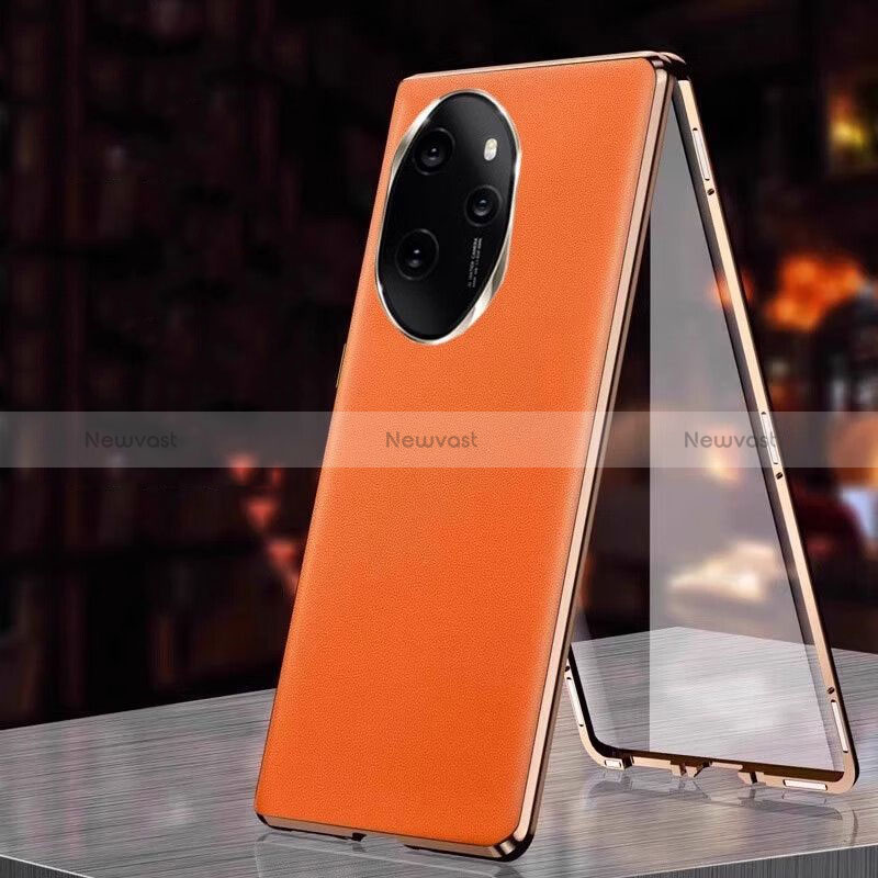 Luxury Aluminum Metal and Leather Cover Case 360 Degrees P01 for Huawei Honor 100 Pro 5G Orange