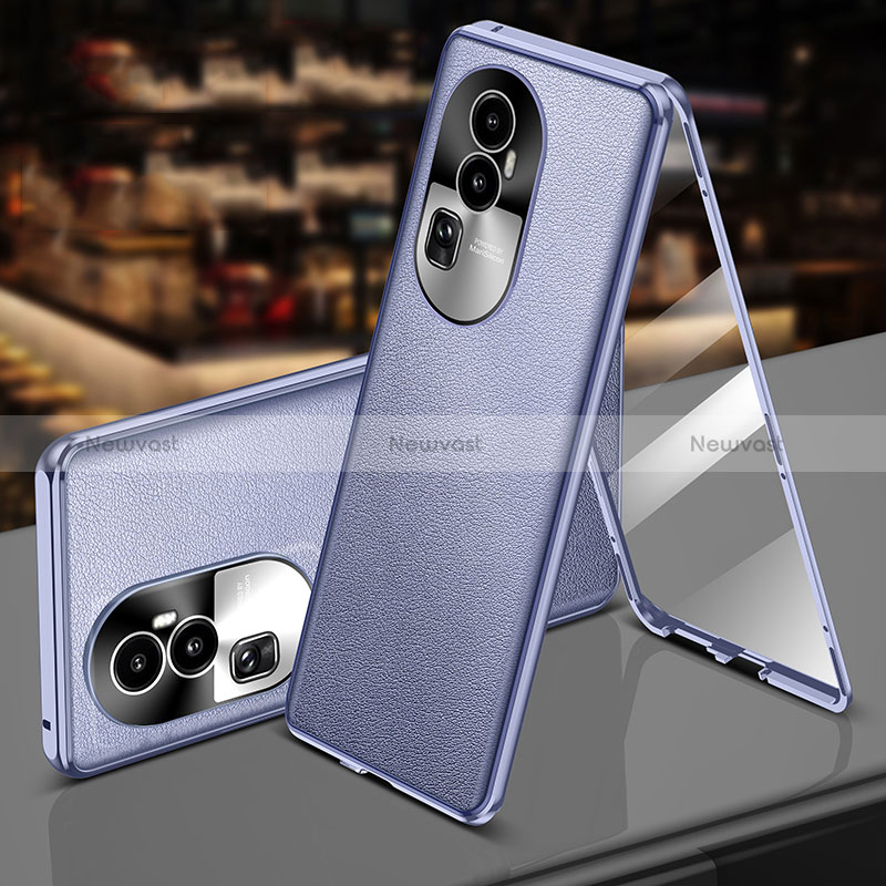 Luxury Aluminum Metal and Leather Cover Case 360 Degrees P01 for Oppo Reno10 Pro+ Plus 5G Clove Purple