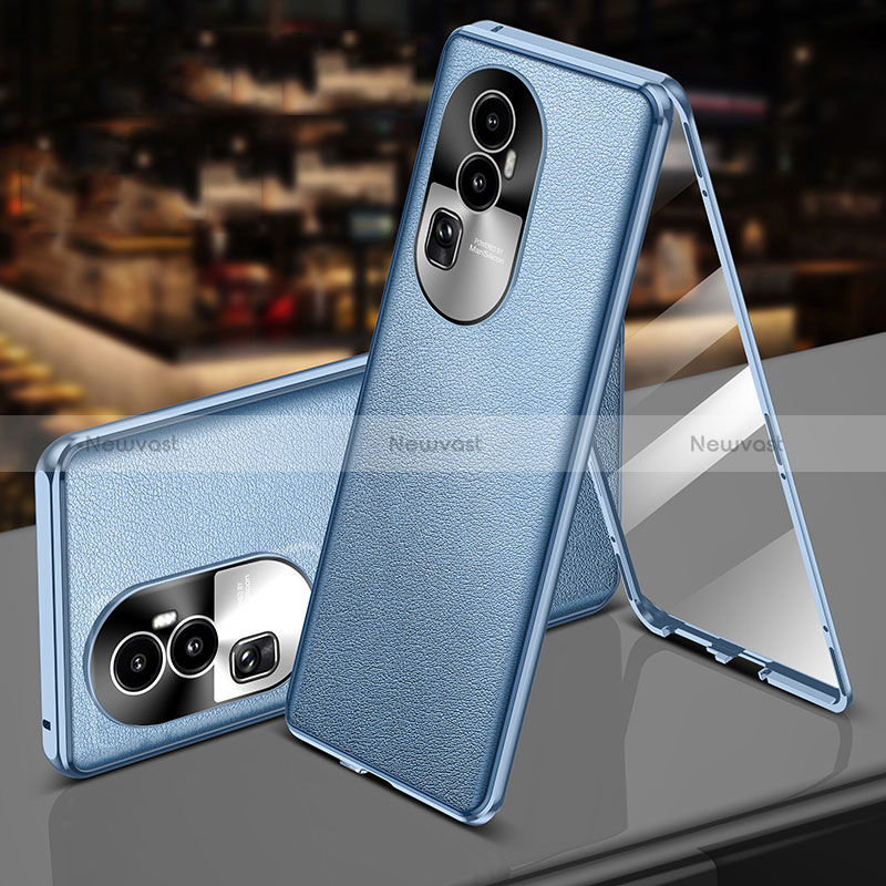 Luxury Aluminum Metal and Leather Cover Case 360 Degrees P01 for Oppo Reno10 Pro+ Plus 5G Sky Blue