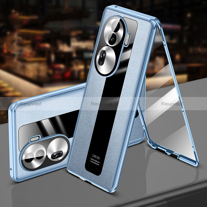 Luxury Aluminum Metal and Leather Cover Case 360 Degrees P02 for Oppo Reno11 Pro 5G Sky Blue