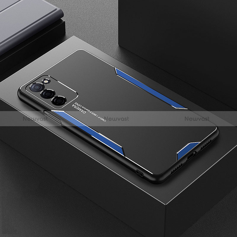 Luxury Aluminum Metal Back Cover and Silicone Frame Case for Oppo A56 5G Blue