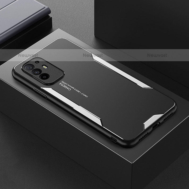 Luxury Aluminum Metal Back Cover and Silicone Frame Case for Oppo F19 Pro+ Plus 5G Silver