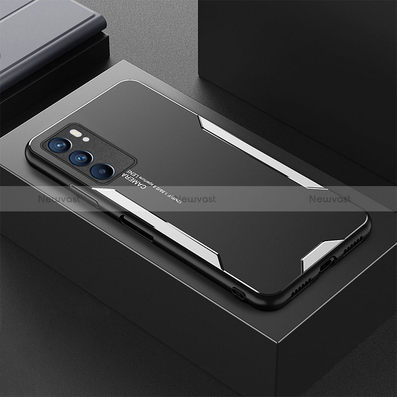 Luxury Aluminum Metal Back Cover and Silicone Frame Case for Oppo Reno6 5G Silver