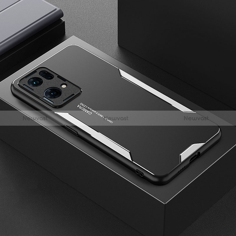 Luxury Aluminum Metal Back Cover and Silicone Frame Case for Oppo Reno7 Pro 5G Silver