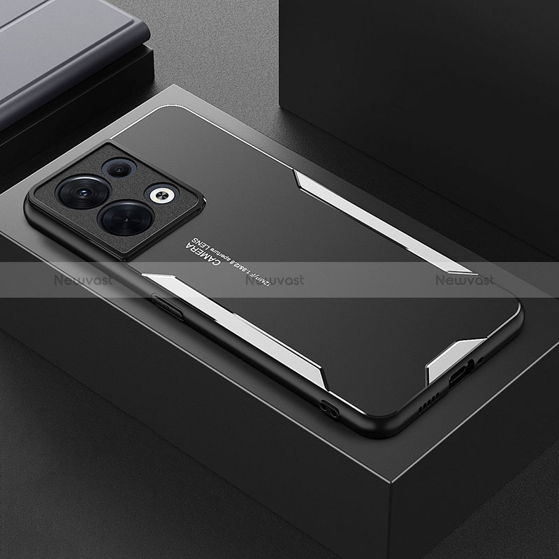 Luxury Aluminum Metal Back Cover and Silicone Frame Case for Oppo Reno9 Pro 5G Silver