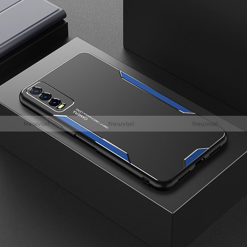 Luxury Aluminum Metal Back Cover and Silicone Frame Case for Vivo Y12A Blue