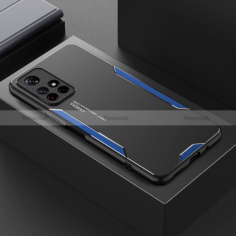 Luxury Aluminum Metal Back Cover and Silicone Frame Case for Xiaomi Poco M4 Pro 5G Blue