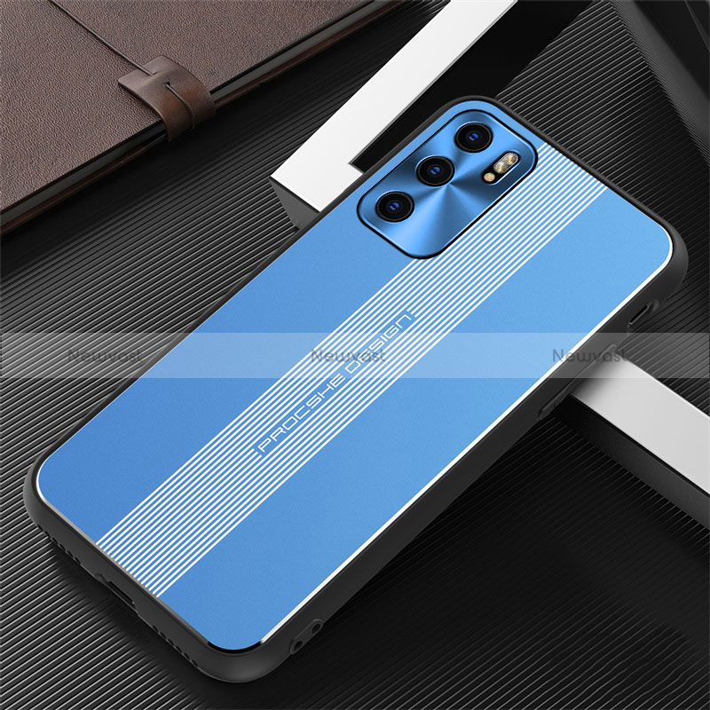 Luxury Aluminum Metal Back Cover and Silicone Frame Case J02 for Oppo Reno6 Pro 5G India Blue