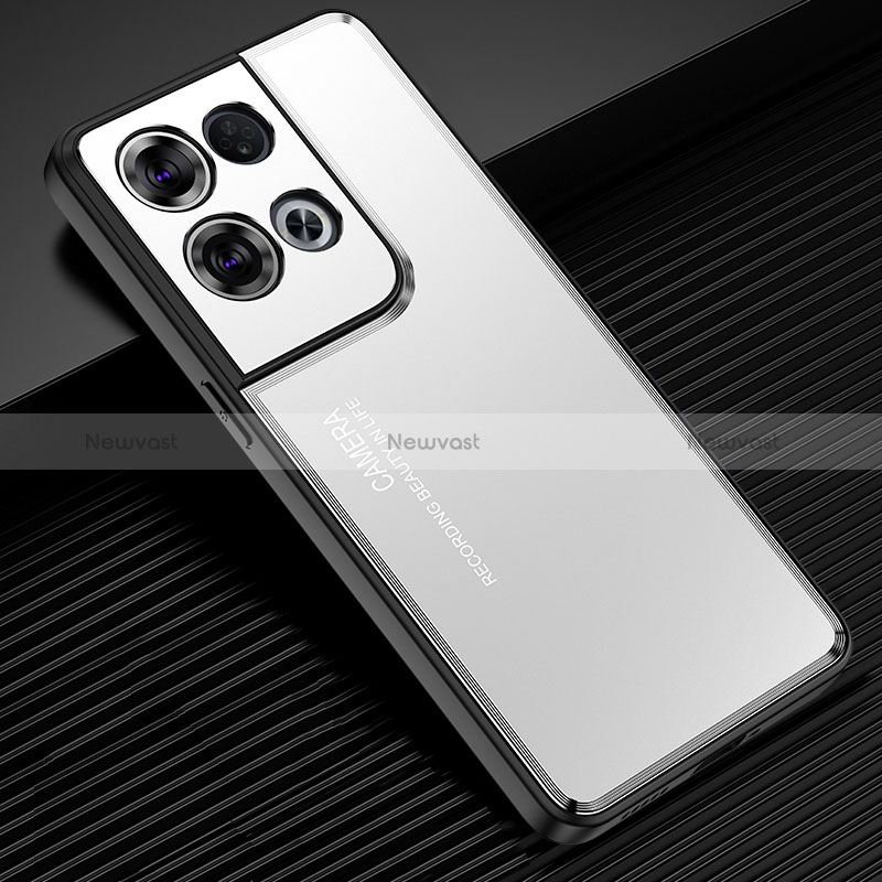 Luxury Aluminum Metal Back Cover and Silicone Frame Case J02 for Oppo Reno8 Pro 5G Silver