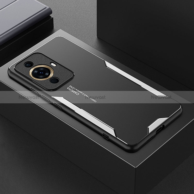 Luxury Aluminum Metal Back Cover and Silicone Frame Case PB1 for Huawei Nova 11 Pro Silver