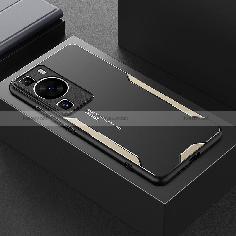 Luxury Aluminum Metal Back Cover and Silicone Frame Case PB1 for Huawei P60 Pro Gold